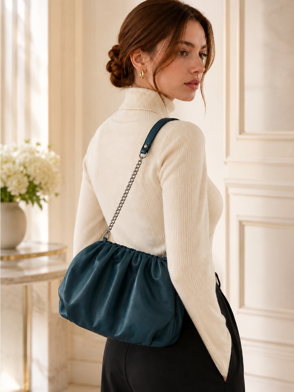 Unica! Firenze Leather Blue Teal Crossbody Convertible Pleated Handbag Clutch